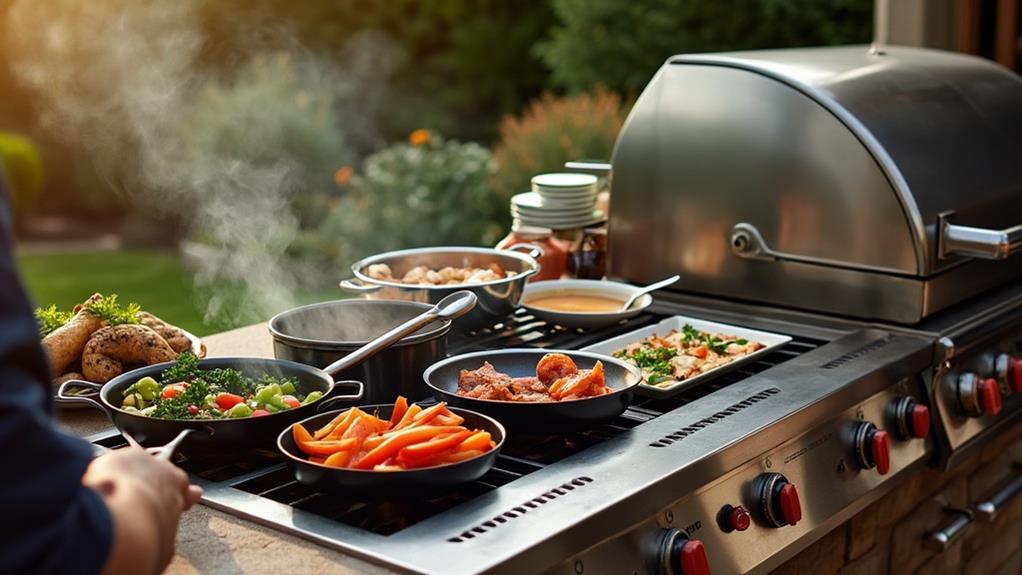 Outdoor kitchen with a grill and side burners in use.