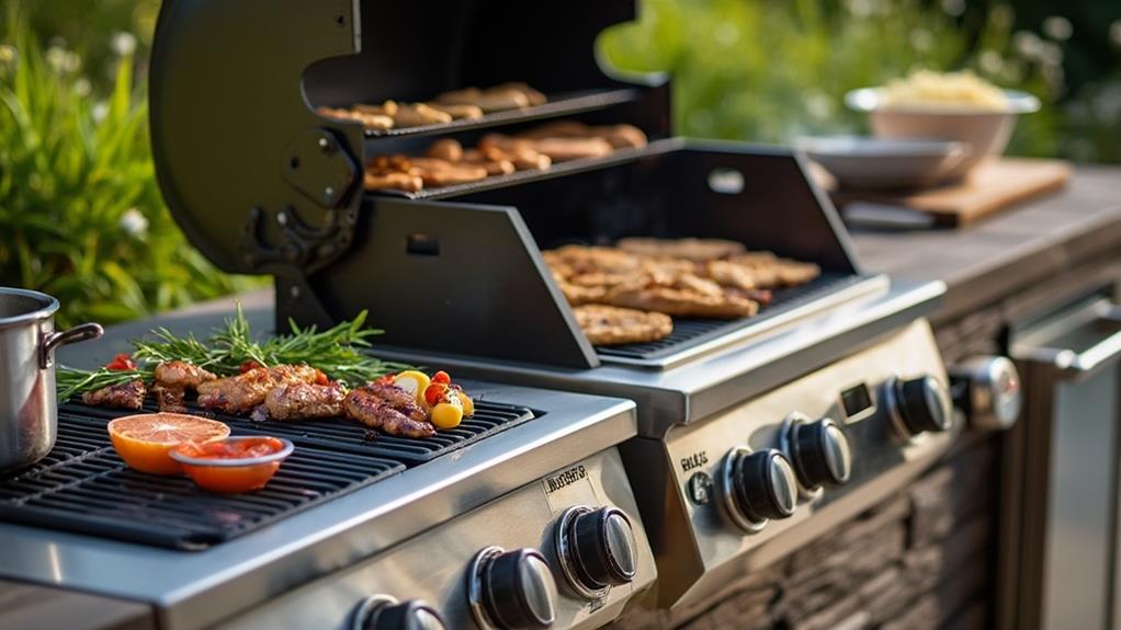 Outdoor grill with side burner in use.