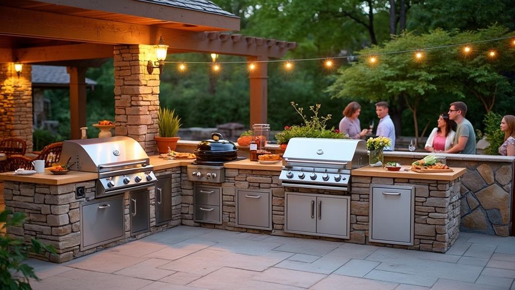 Outdoor kitchen with a grill and side burner.