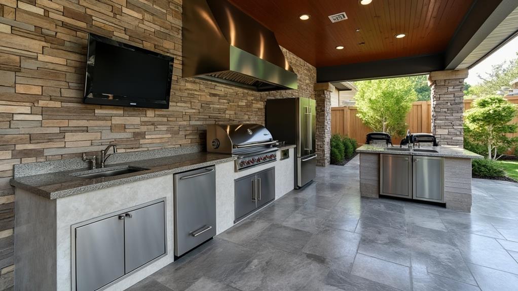 Outdoor kitchen with stone wall and stainless steel appliances.