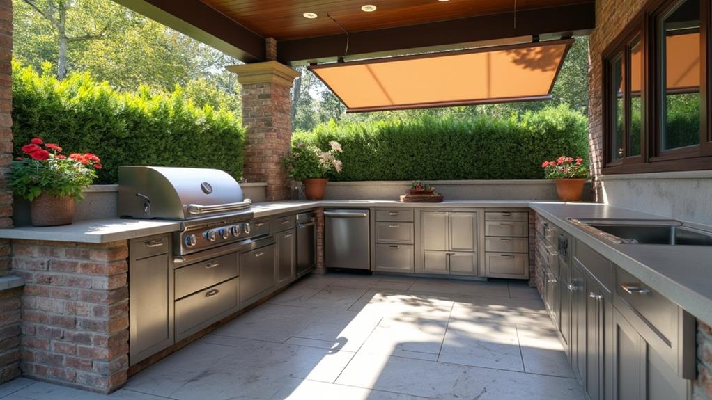 Outdoor kitchen with stone countertops and stainless steel appliances.