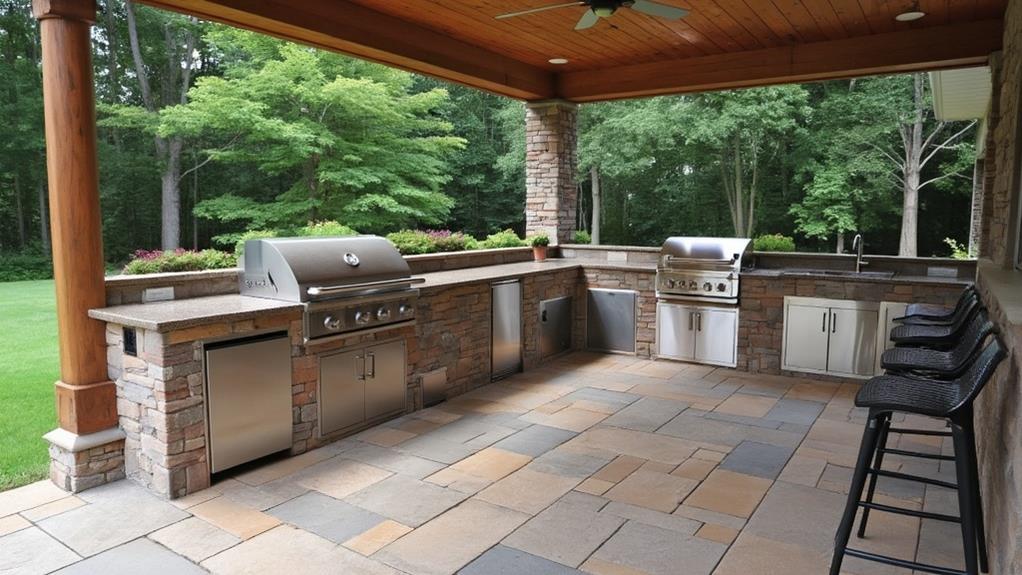 Outdoor kitchen with stone countertops and stainless steel appliances.
