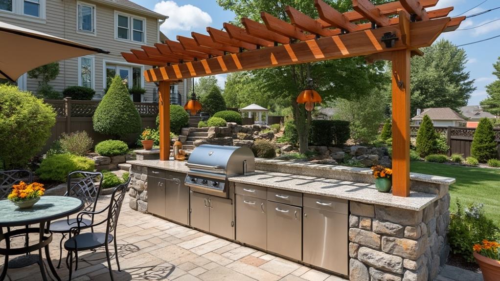 Outdoor kitchen with stone and wood accents.